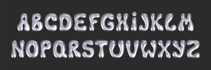 3d chrome liquid font in y2k style isolated on a dark background. Render of 3d metal inflated alphabet with glossy silver effect. 3d vector y2k typography letter. - obrazy, fototapety, plakaty