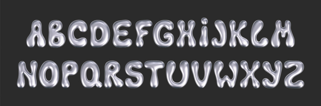 3d chrome liquid font in y2k style isolated on a dark background. Render of 3d metal inflated alphabet with glossy silver effect. 3d vector y2k typography letter.