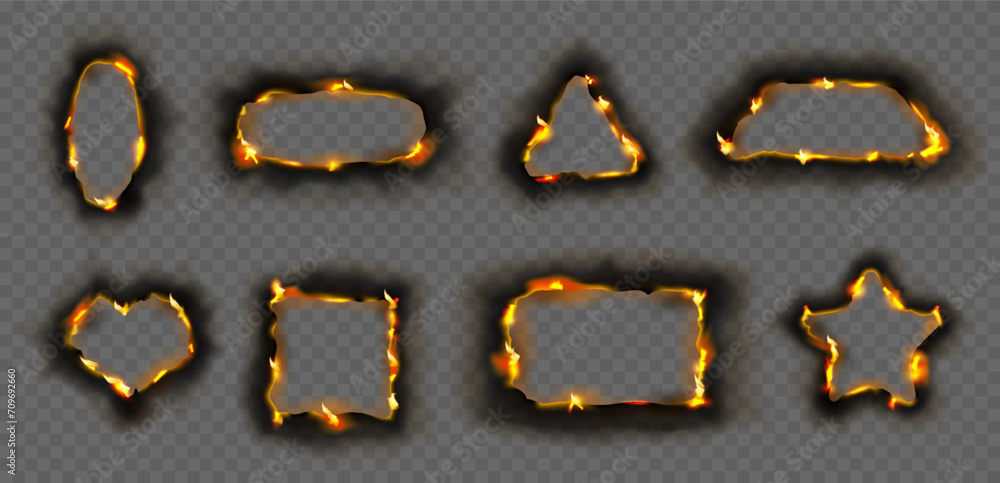 Poster Burning paper borders with fire, isolated geometric shapes with flame sheet. Vector ripped frames with torn pieces. Geometry triangle and rectangle, circle and oval, star and heart form