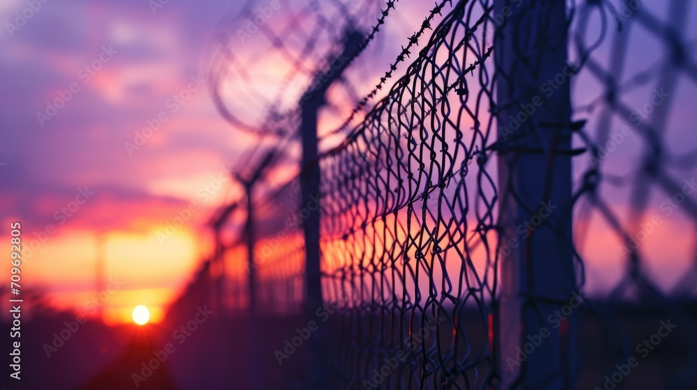 Poster a chain link fence with a beautiful sunset in the background. perfect for illustrating concepts of b
