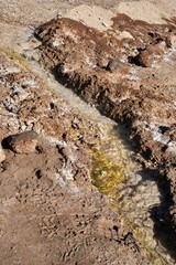 Geothermally heated water running through a channel at Geysers Del Tatio, Antofagasta, Chile.