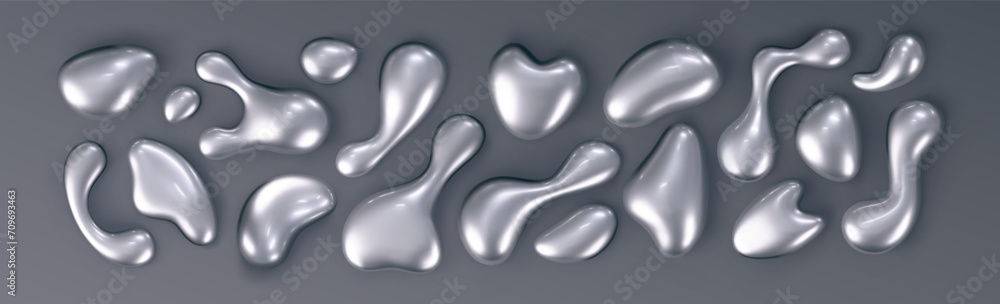 Wall mural chrome liquid 3d shapes in y2k style isolated on a black background. render of 3d metal silver eleme