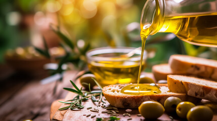 The essence of Mediterranean cuisine in a rustic setting. Olive oil is being poured from a bottle onto a slice of bread, green olives and sprigs of rosemary are scattered around the bread.