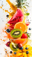 A vibrant splash of assorted fruits including sliced watermelon, orange, kiwi, and strawberries amidst a colorful juice splash, perfect for healthy lifestyle and nutrition imagery. 