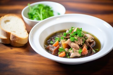bowl of coq au vin garnished with parsley, side of crusty bread