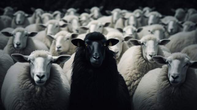 Contrasting image of a single black sheep among white sheep in a herd.