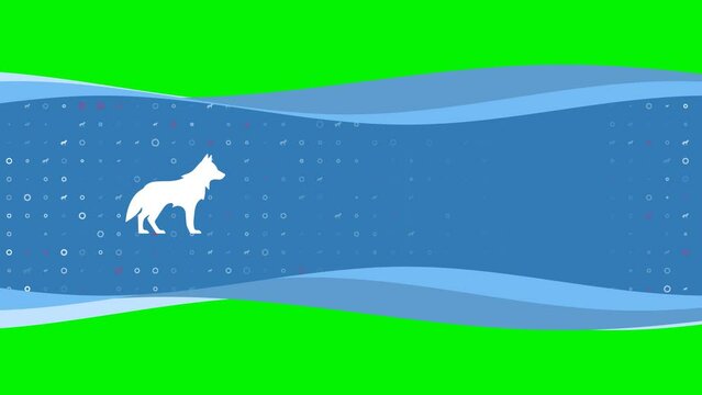 Animation of blue banner waves movement with white wolf symbol on the left. On the background there are small white shapes. Seamless looped 4k animation on chroma key background