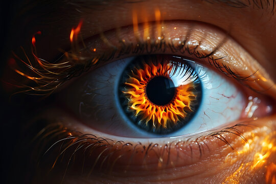 Close-up detail of beautiful female eye burning and glowing
