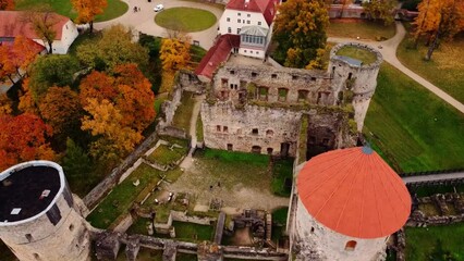 Aerial View of Ancient Castle Ruins Amidst Autumn Trees