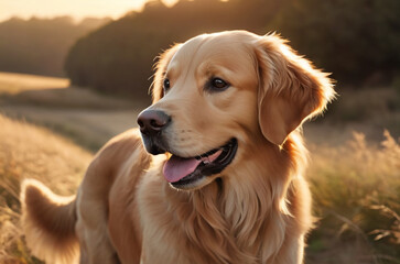 golden retriever dog portrait in golden hour, national puppy day