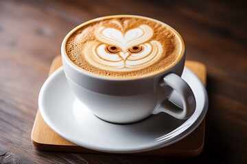 Close up shot of hot latte coffee with owl latte art in a ceramic white cup, isolated on white background, Generated AI