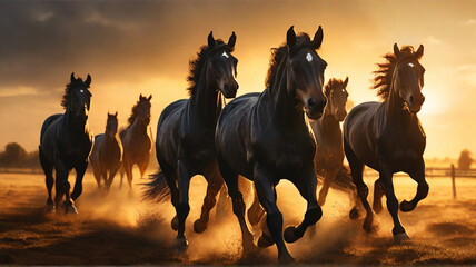 horse running in the sunset (golden hour) - obrazy, fototapety, plakaty