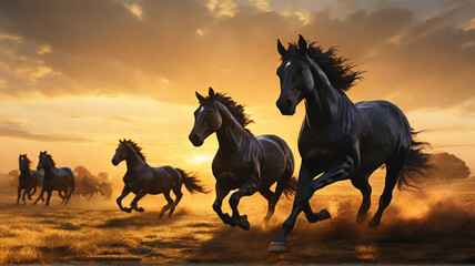 horse running in the sunset (golden hour) - obrazy, fototapety, plakaty