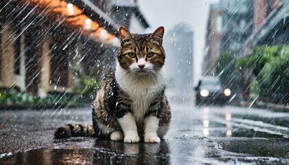 the Rain: Enigmatic Feline." Depict a mysterious cat elegantly sitting amidst the city streets during a rain shower. Convey a sense of enigma and curiosity through the atmospheric setting