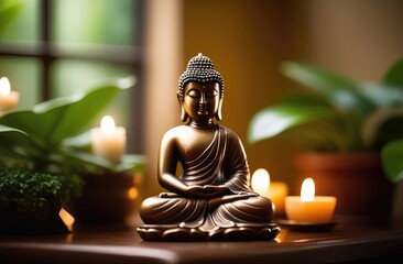 small bronze buddha statue near window among house plants and candles. meditation and spirituality
