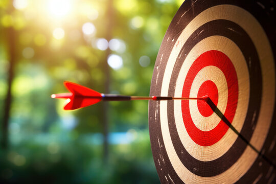 Arrow striking the bullseye on an archery target, backlit by sunlight.