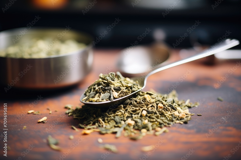 Sticker loose green tea leaves with a metal scoop