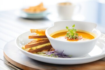 grilled cheese with tomato soup in white bowl