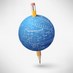 Architectural sphere with the axis in the form of a pencil