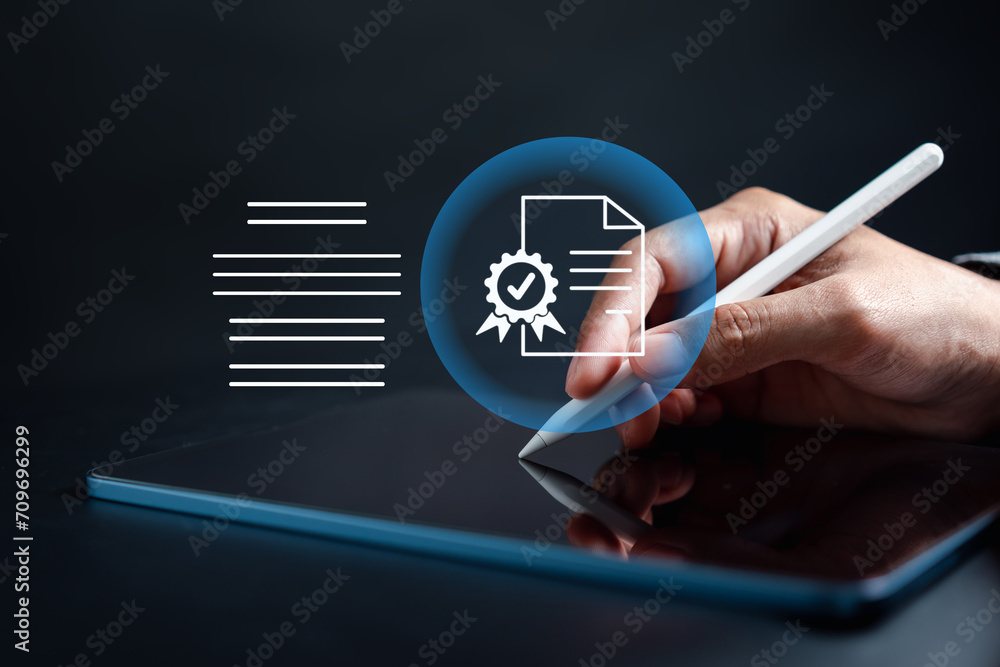 Leinwandbilder Quality Certificate and Checklist document analyst target marketing planning assignment with quality management. Standardization, certification. Compliance to regulations service and standards.