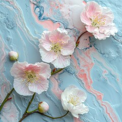 Pale pink flowers adrift on a blue marbled background