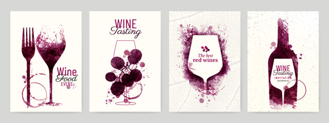 Collection of templates with wine designs. Illustration with background wine stains, glass, bottle, grapes. Brochure, poster, invitation card, promotion banner, menu, list, cover. Vector - 709696871