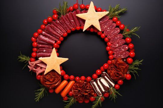 Charcuterie wreath with decorations. Modern snack, bright red background, top view with copy space