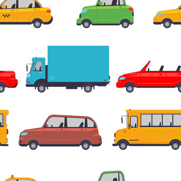 Car, truck, school bus vector cartoon seamless pattern background for wallpaper, wrapping, packing, and backdrop.