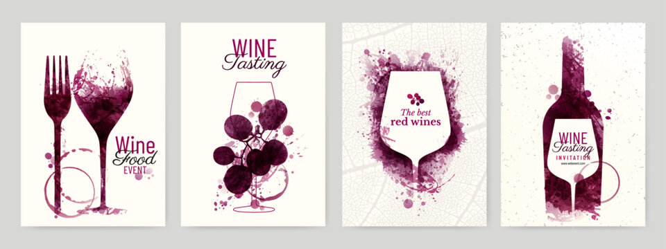 Collection of templates with wine designs. Illustration with background wine stains, glass, bottle, grapes. Brochure, poster, invitation card, promotion banner, menu, list, cover. Vector