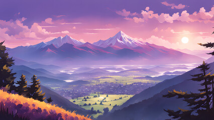a beautiful landscape of mountain valley Scenery art background desktop wallpaper purple theme  nature landscape 