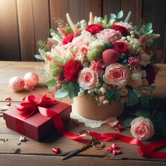 Beautiful bouquet of flowers with red gift on wooden table