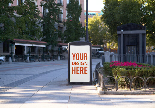 Mockup of customizable garbage bin on sidewalk