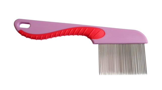 Fine teeth comb with rubber handle for catching ticks and flea in human hair on transparent background