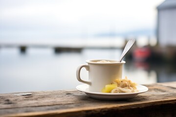 steaming mug of chowder on a dock with ocean backdrop