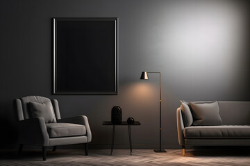 Interior poster mockup with a square metal frame and plants in a vase against a white wall.