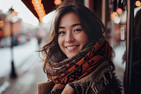 Generative AI image of a young Asian woman smiling warmly, wearing a stylish scarf and looking away from the camera on a blurry city background during the evening