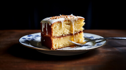 Piece of homemade round sponge Brown Butter cake or chiffon cake on gray plate. Homemade bakery concept for recipe