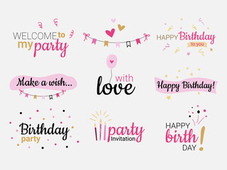 Bright birthday decorations big set. Happy birthday cute inscriptions collection for greeting cards, invitations, banner, print. Vector illustration of calligraphy isolated on white background.