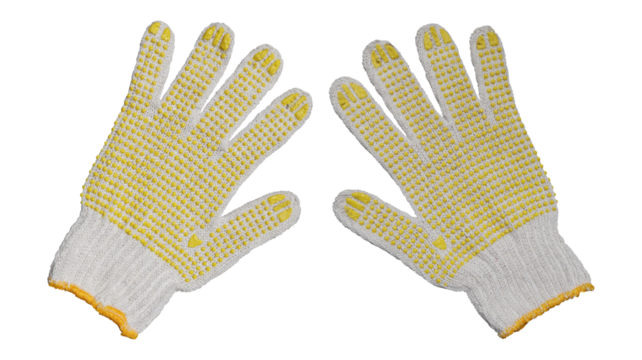 Pair of safety working gloves with yellow dots isolated on transparent background