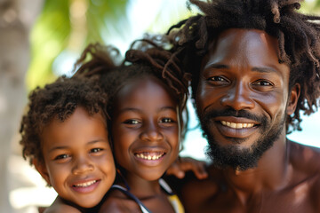 Fototapeta premium Family vacation, happy African American father with daughter and son on sea beach on a sunny summer day