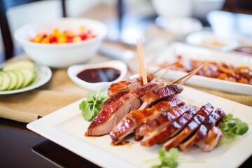 carved peking duck pieces with hoisin sauce