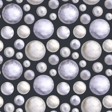Seamless pattern of watercolor glossy pearls. Hand drawn jewelry illustration. Hand painted pearl jewellery elements on dark background. For fabric, sketchbook, wallpaper, wrapping paper.