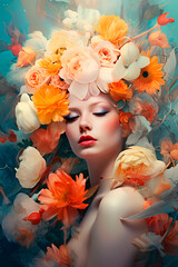 Sensual Woman drowning in Flowers. Self-love. Fragrances, perfumes. Soft focus, blur