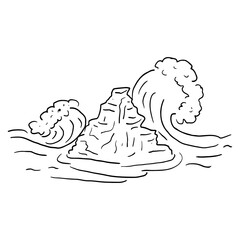 Hand drawn sketch of rock in waves isolated on white background