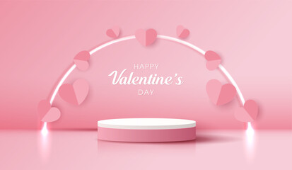Happy valentines day and stage podium decorated with heart shape lighting. pedestal scene with for product, cosmetic, advertising, show, award ceremony, on red background and light. vector design.