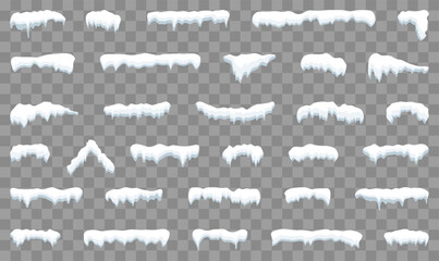Snow caps set. White snow caps, snowball, snowdrifts, snow pile and icicles. Snowy elements on winter background. Winter elements decorations. Christmas elements. Vector illustration.