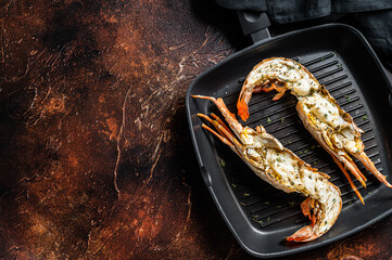 Delicious grilled and sliced Spiny lobster or sea crayfish. Dark background. Top view. Copy space