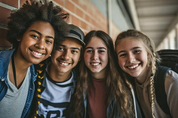 Fototapeta premium Ethnically mixed group of young students or friends look laughing into the camera - theme of friendship and education