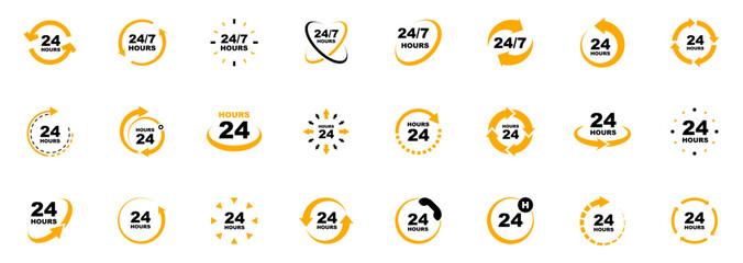 24 7 service icon set. 24-7 open, concept with call icon. Support 24 hours a day and 7 days a week. Support service. Vector Illustration. - obrazy, fototapety, plakaty