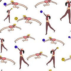 Women teams playing beachvolleyball on white background. Summertime sport raster pattern with women players.